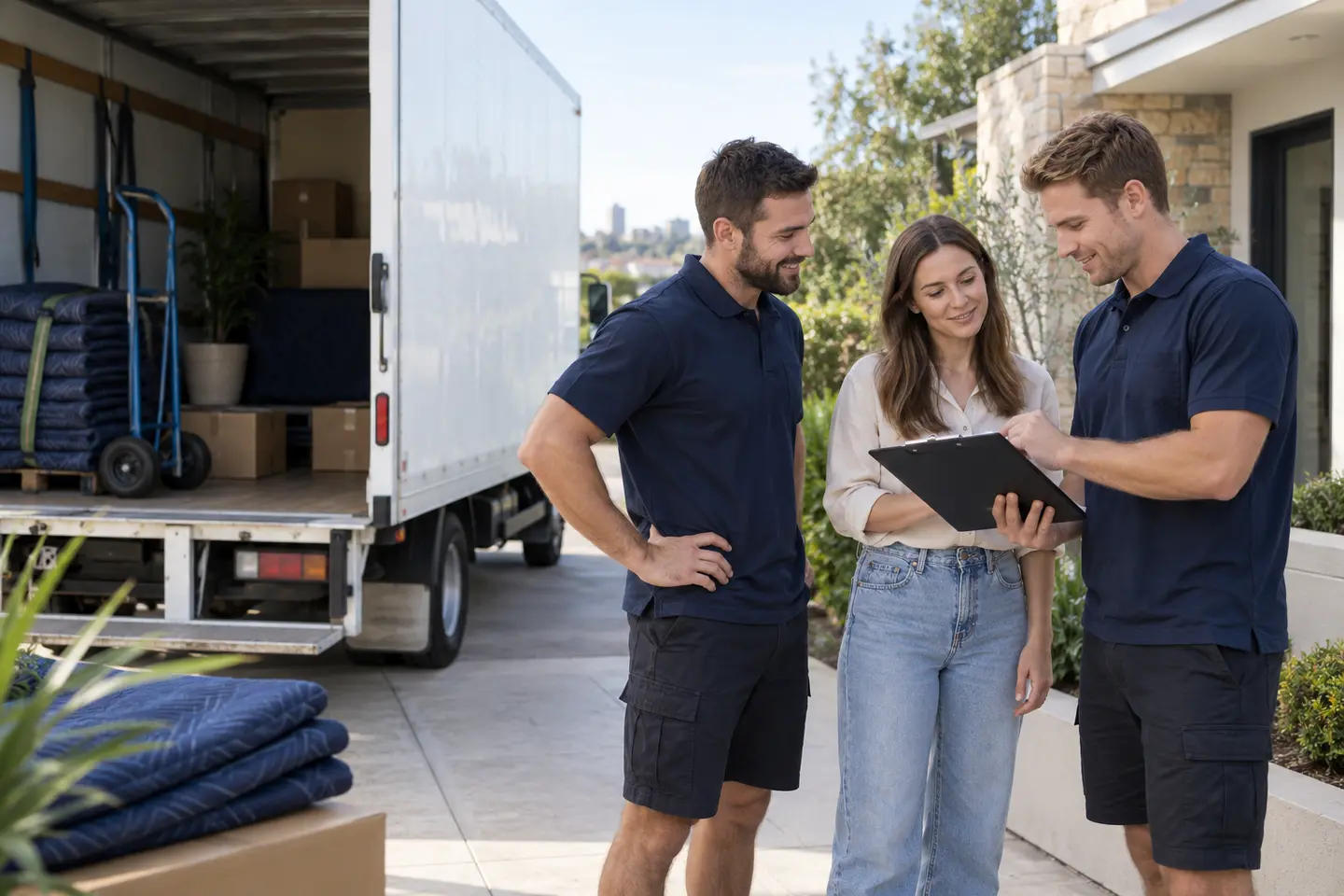 Two Adelaide removalists planning a home move with a customer beside a prepared moving truck