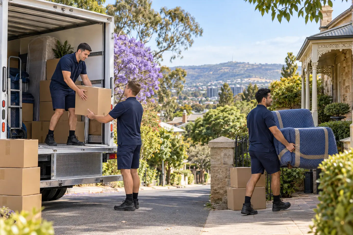 Professional movers unloading furniture on a leafy Adelaide metropolitan street