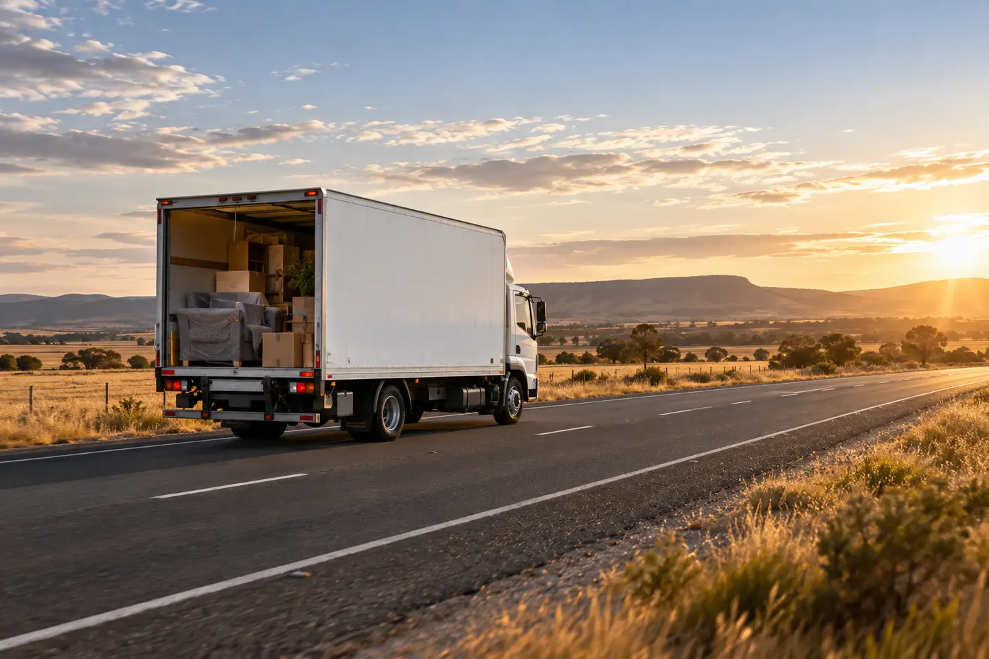 White moving truck travelling on a South Australian highway for an interstate move
