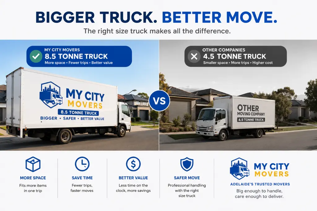My City Movers 8.5-tonne Adelaide moving truck compared with a smaller truck