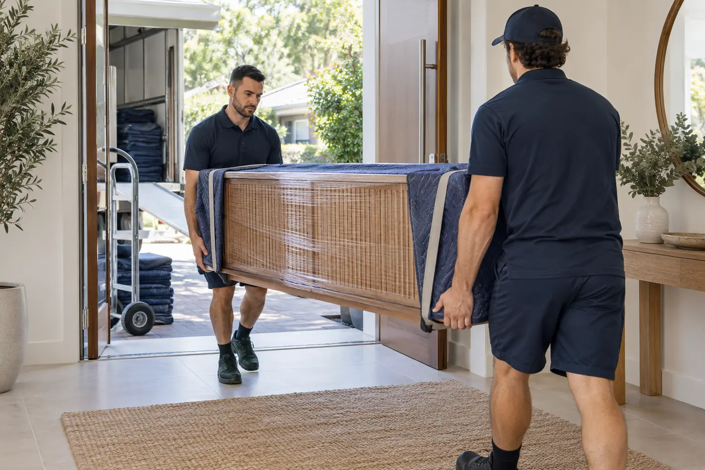 Professional movers carrying protected furniture during an Adelaide home move