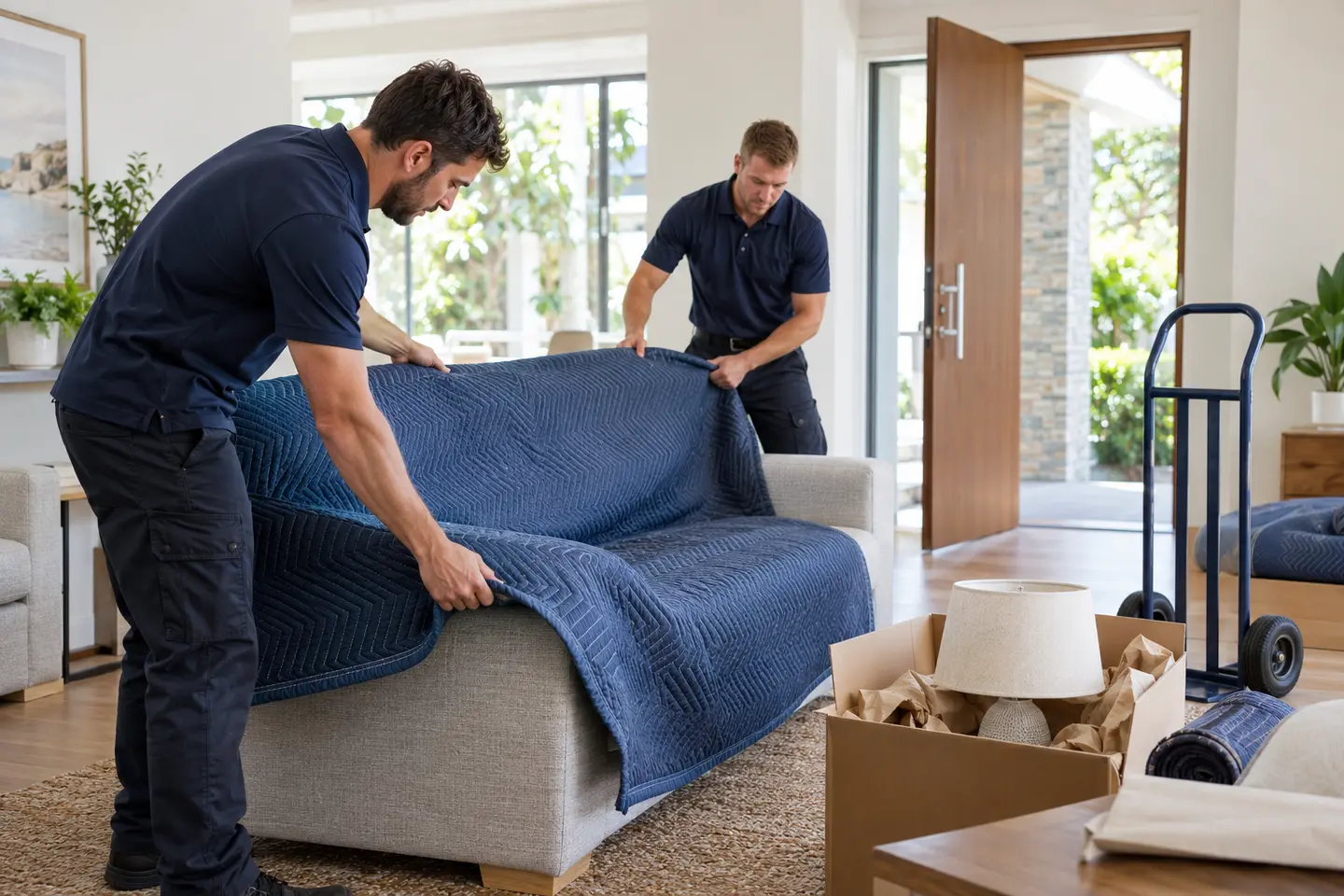 Two Adelaide movers carefully protecting a sofa with moving blankets inside a home